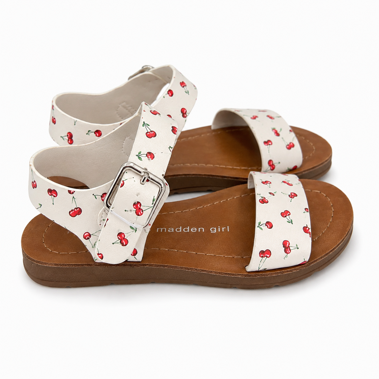 Madden Girl white cherry print sandals and adjustable ankle straps