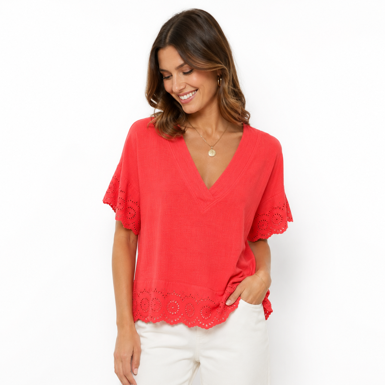 Style&Co brand coral blouse with V-neckline and lace details on the edge and sleeves