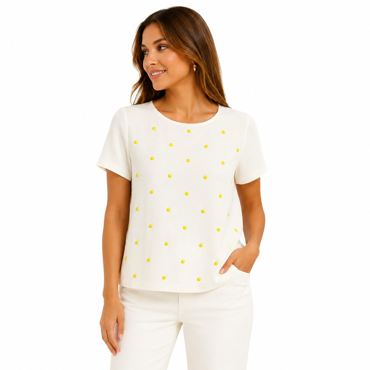 Skye’s the limit Off-white blouse with yellow studs or appliqués