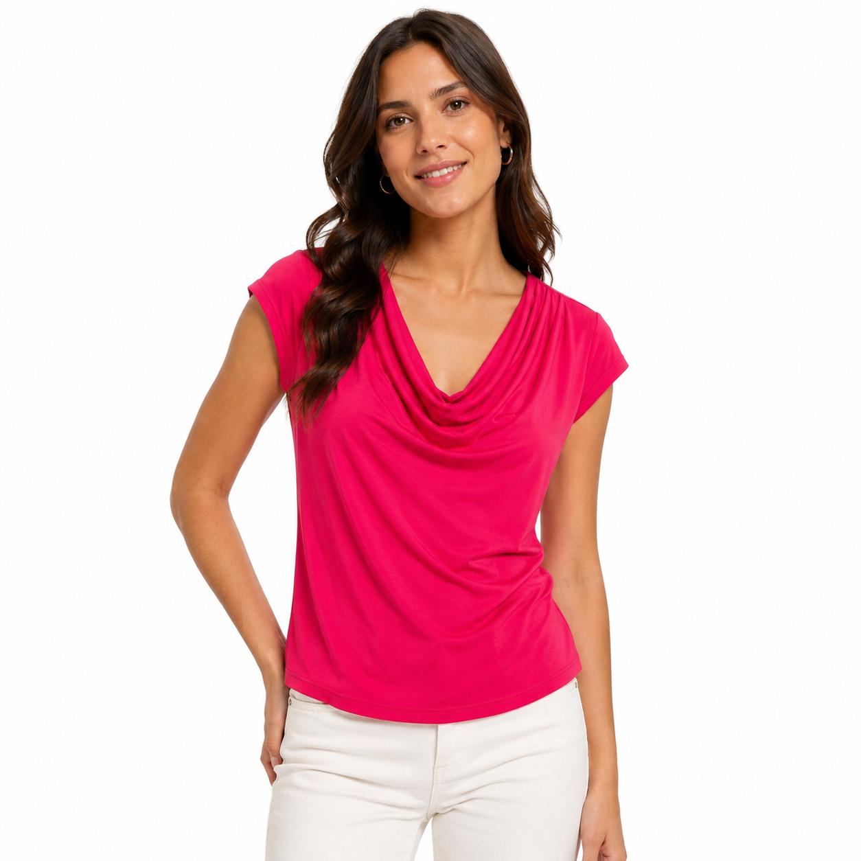 Premise pink knitted blouse with draped collar and short sleeves