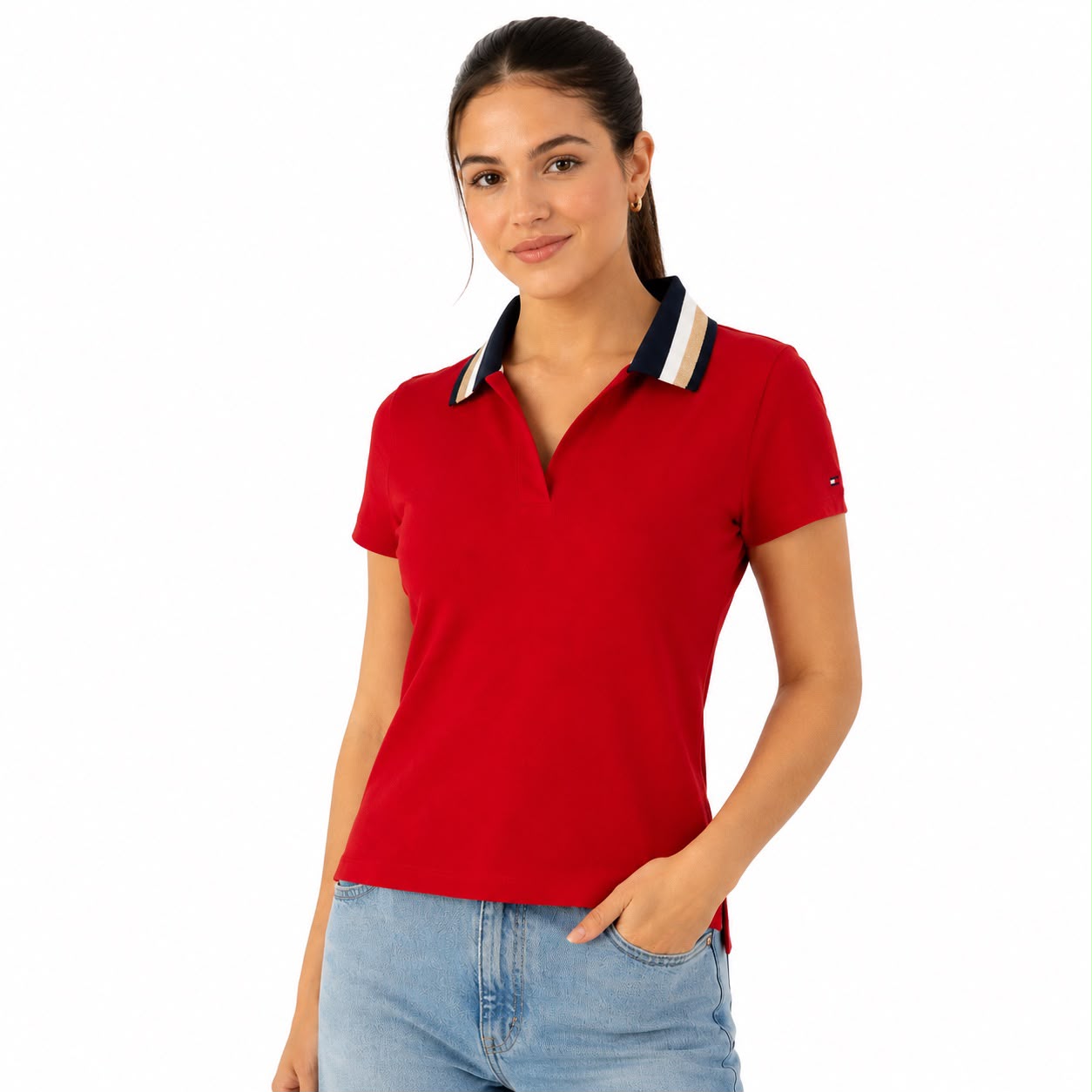 Tommy Hilfiger Tommy Hilfiger Women's Short Sleeve Lurex Tipped Cotton Pique Sportswear Top