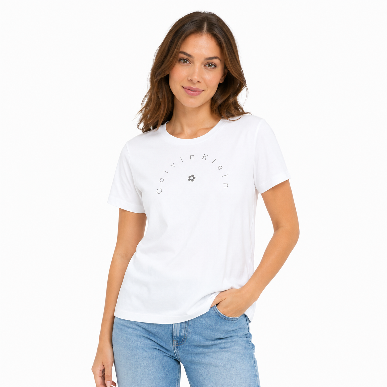 Calvin Klein white t-shirt features an arched logo Womens