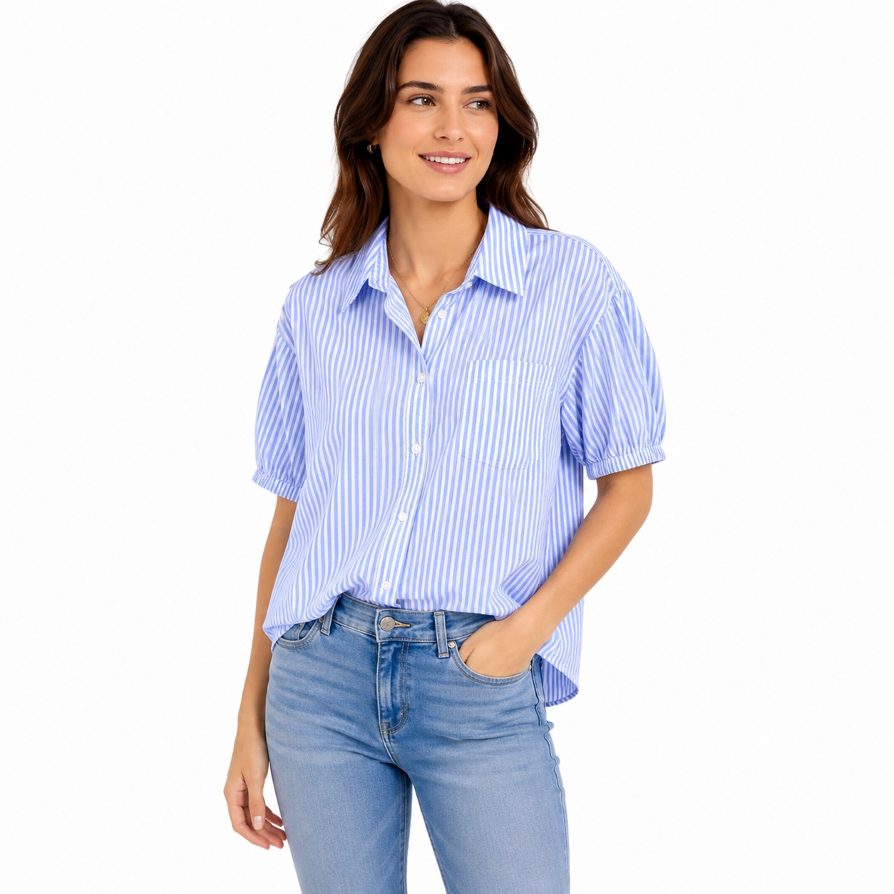 Beach Lunch Lounge -Light blue and white striped short-sleeved button shirt