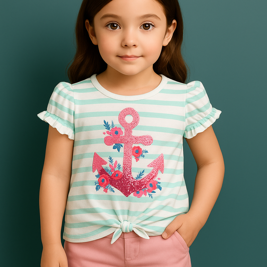 Tommy Bahama Crewcuts Girls Short Sleeve Striped Anchor Tee Shirt