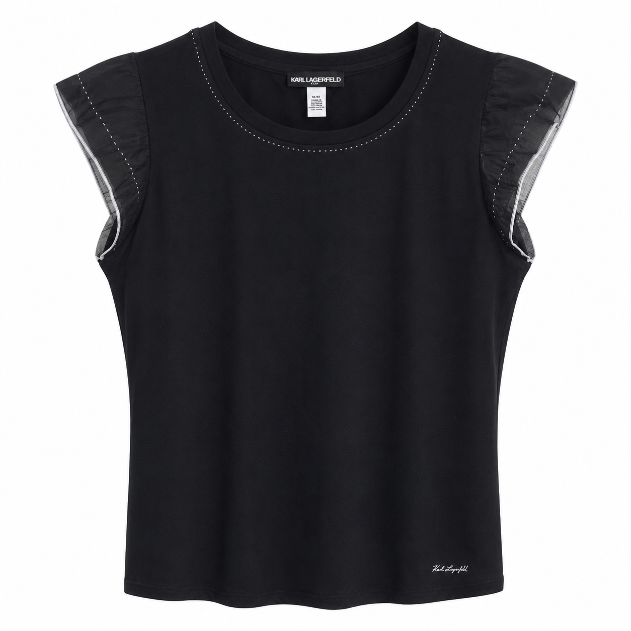 KARL LAGERFELD-Black round neck blouse with ruffle sleeves (ruffle-sleeve)