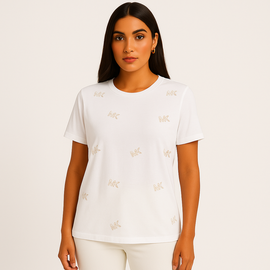 Michael Kors Women's White Top Gold Studded Logo T-Shirt