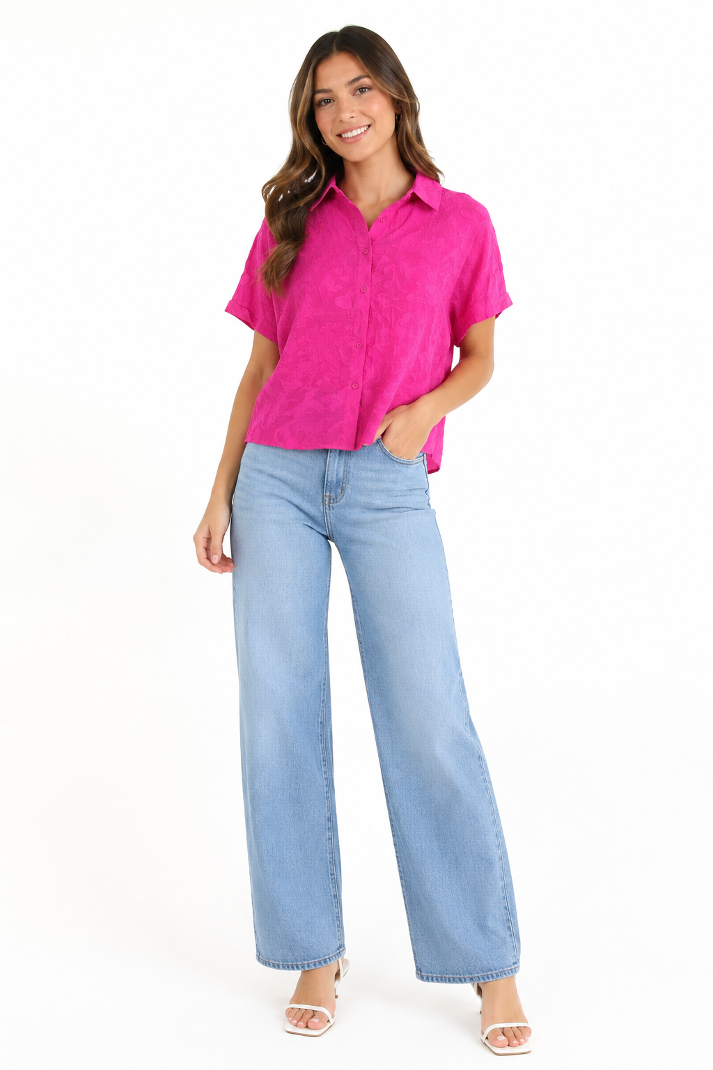 Hester & Orchard-Short-sleeved button shirt in vibrant fuchsia pink