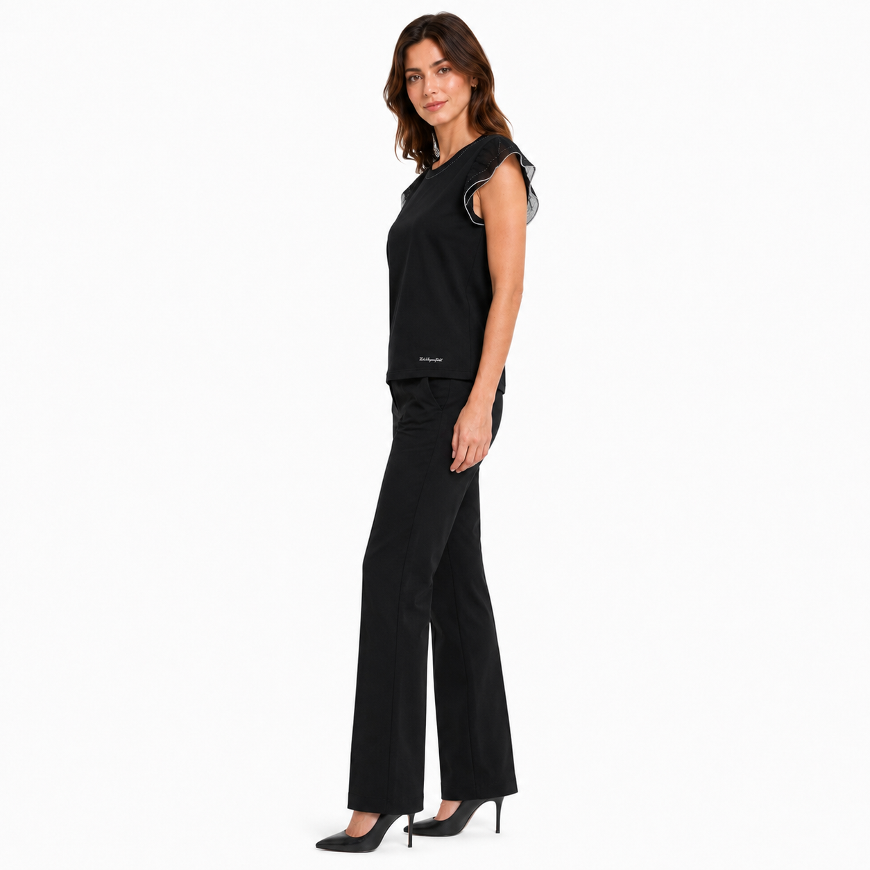 KARL LAGERFELD-Black round neck blouse with ruffle sleeves (ruffle-sleeve)