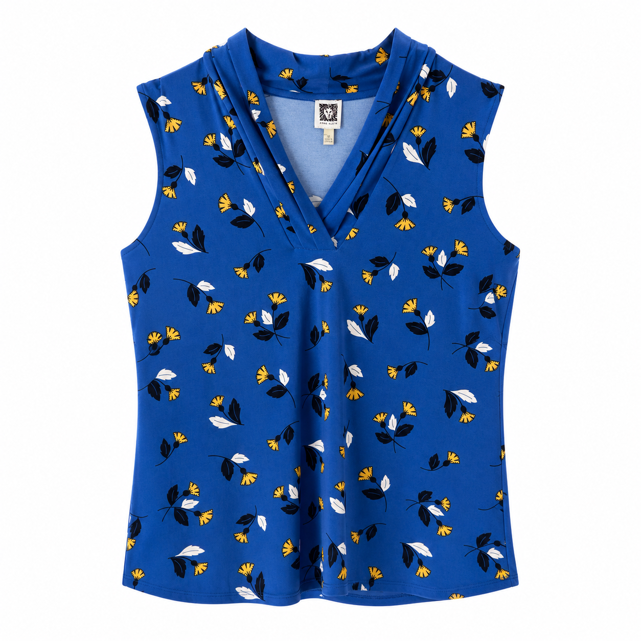 Anne Klein sleeveless blouse features an elegant yellow and white floral print