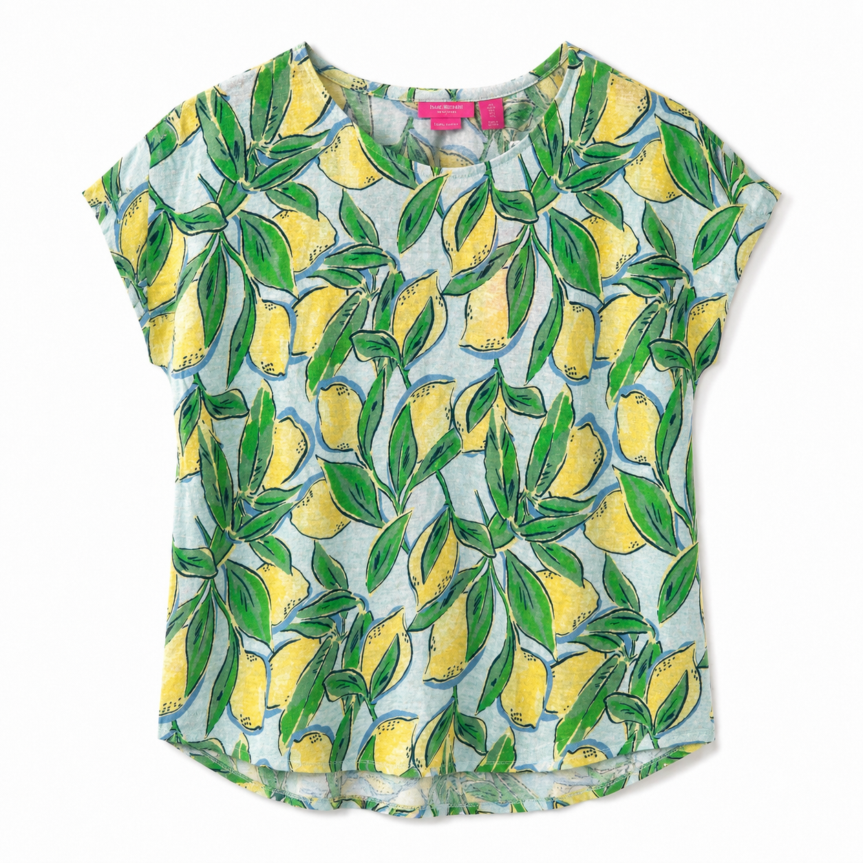 Isaac Mizrahi linen t-shirt has a vibrant yellow lemon print