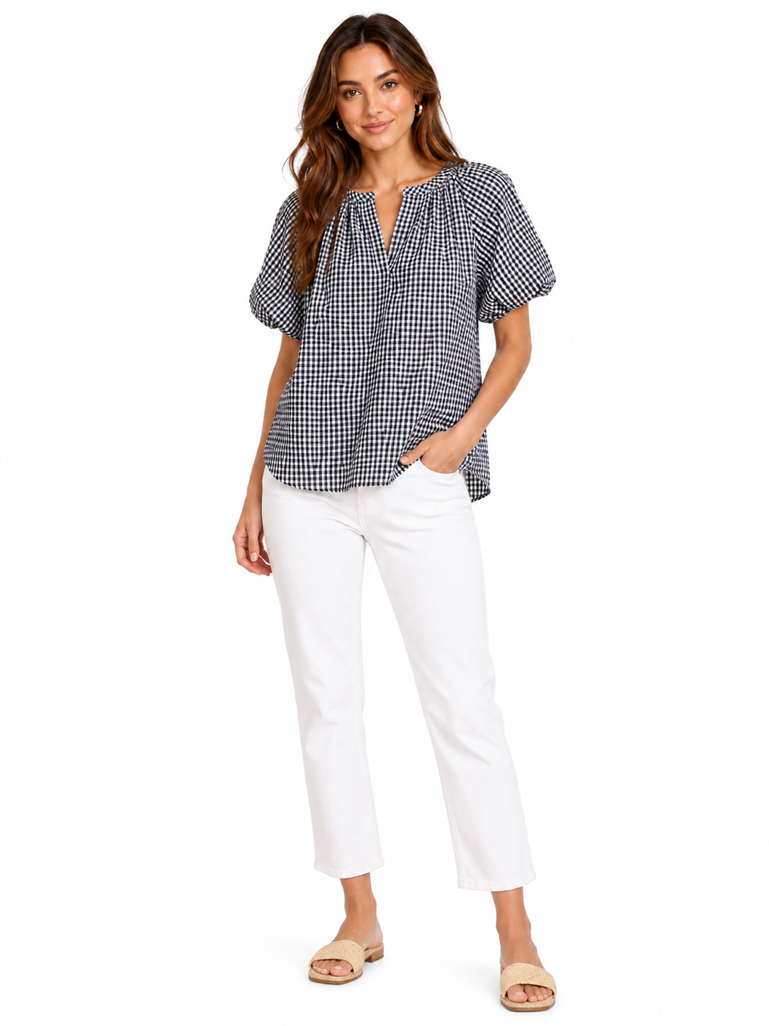 MAX STUDIO-Wide collar blouse and bulging sleeves in black and white vichy (gingham) check print