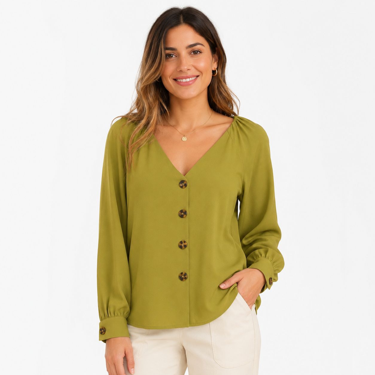 OLM Linen Button Up Blouse with Balloon Sleeves