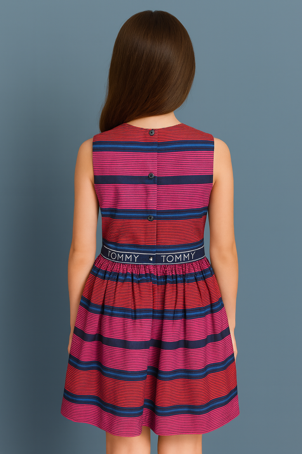 Tommy Hilfiger Girls' Sleeveless Red Striped Asymmetrical Formal Dress