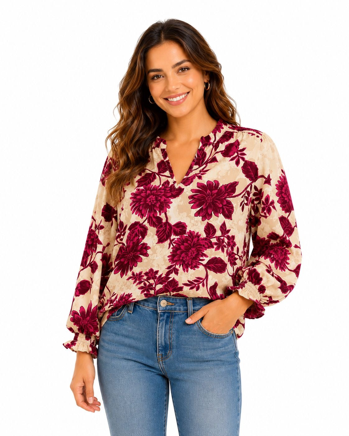 Cupio Floral Print Ruffle Neck Top