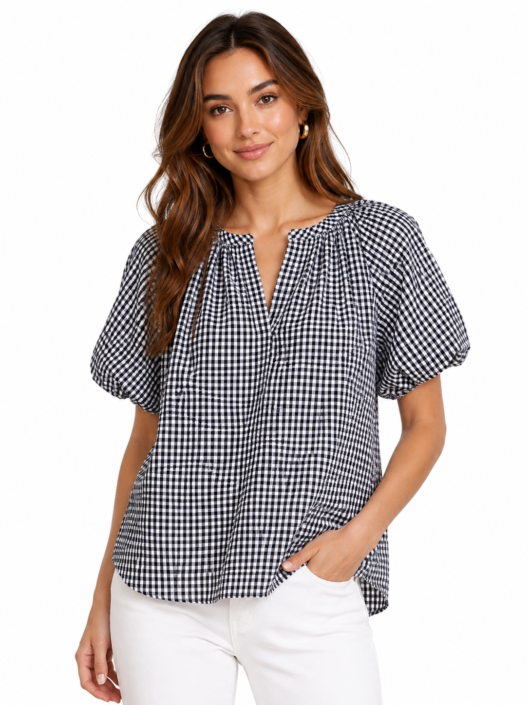 MAX STUDIO-Wide collar blouse and bulging sleeves in black and white vichy (gingham) check print
