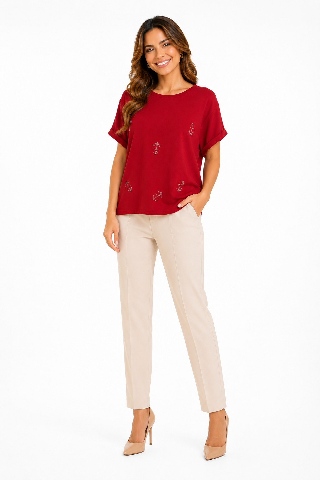 LOVE SCARLETT-Red round neck and short sleeve blouse from the Love Scarlett brand