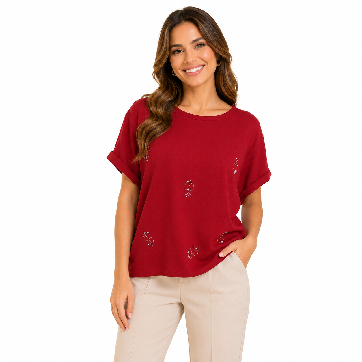 LOVE SCARLETT-Red round neck and short sleeve blouse from the Love Scarlett brand