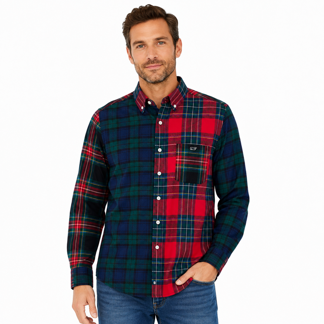 Vineyard Vines Button shirt with a patchwork check design