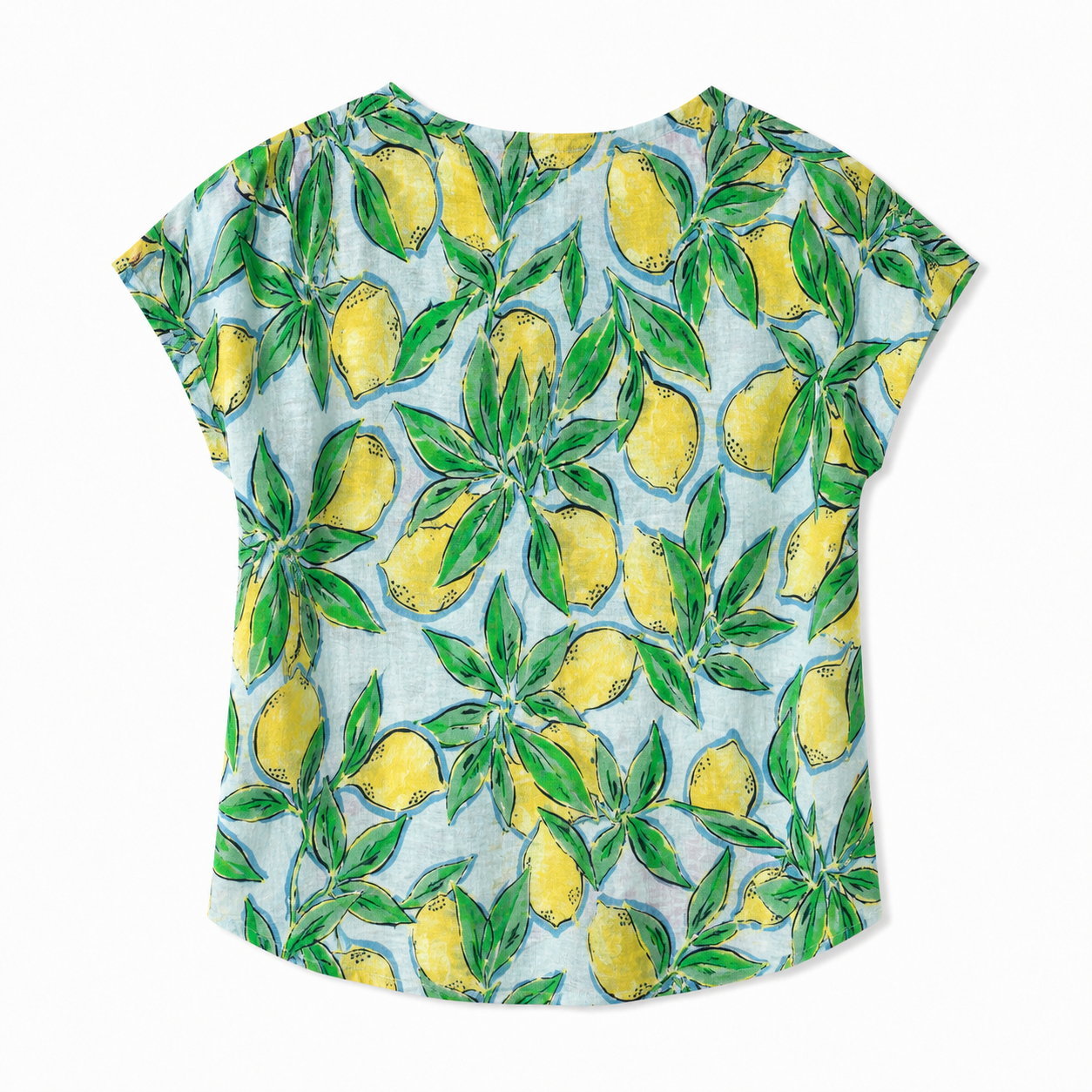 Isaac Mizrahi linen t-shirt has a vibrant yellow lemon print