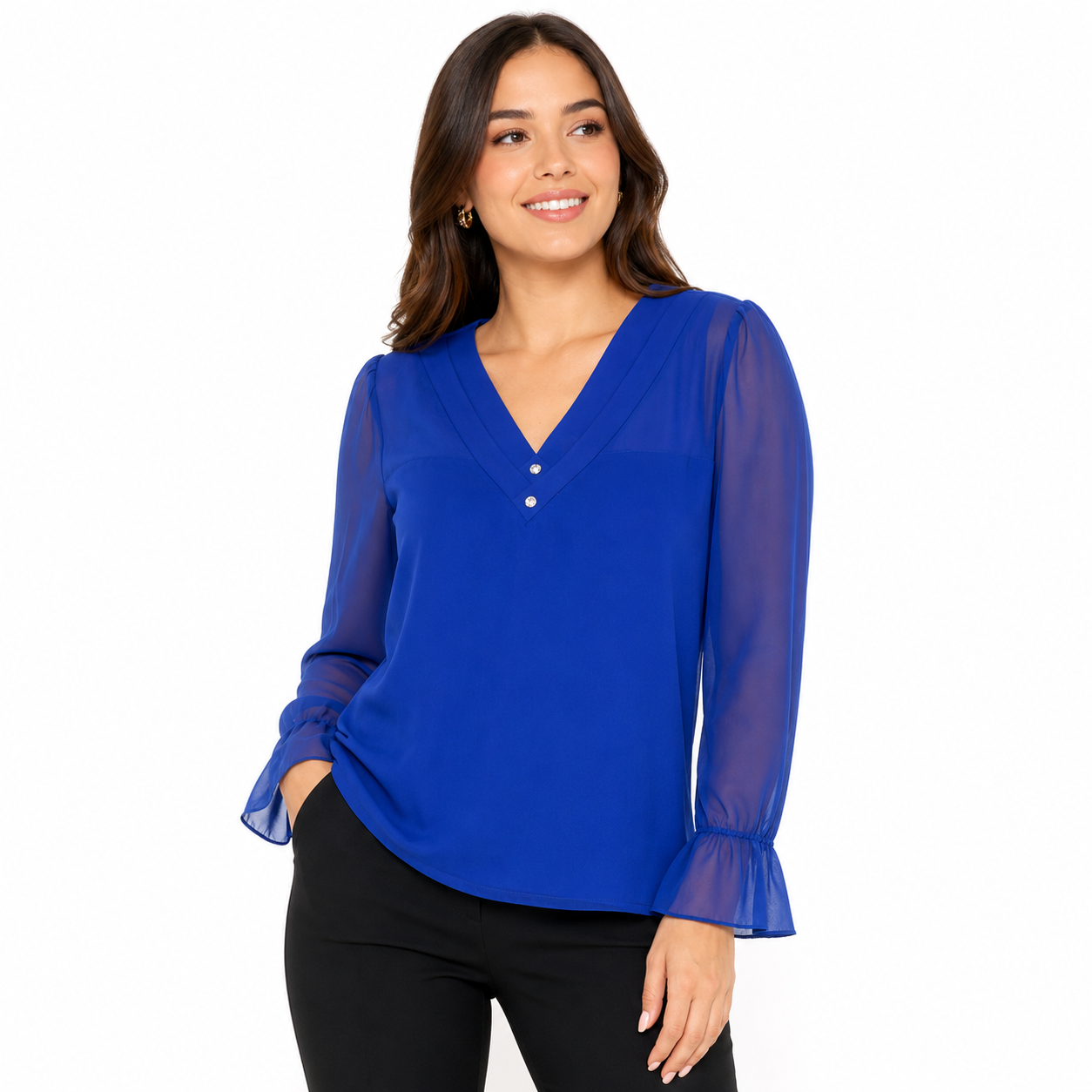 Adele & May brand blouse in a vibrant royal blue tone