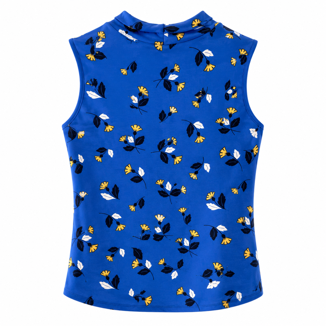 Anne Klein sleeveless blouse features an elegant yellow and white floral print