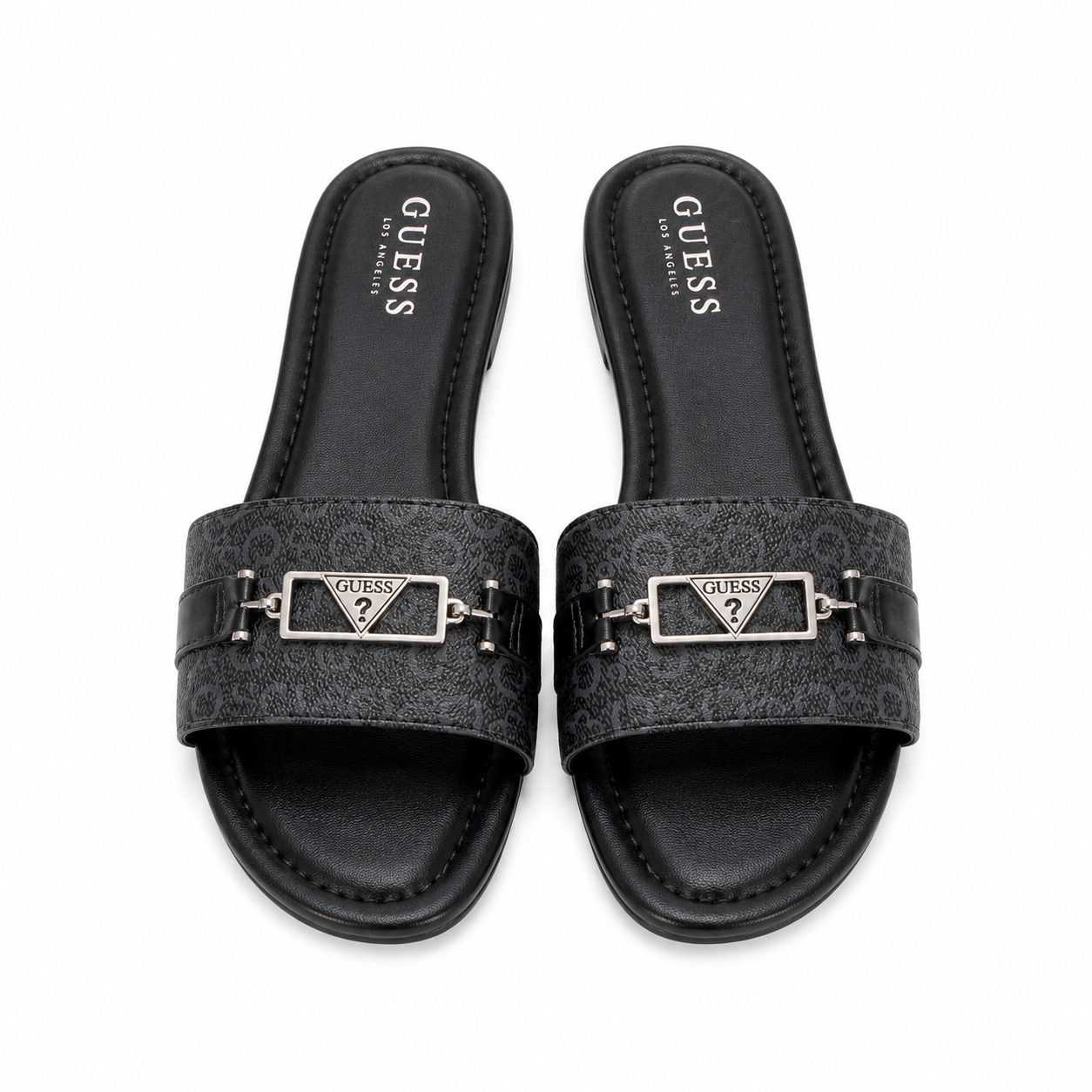 Guess flat sandals in black have a stripe with the monogram
