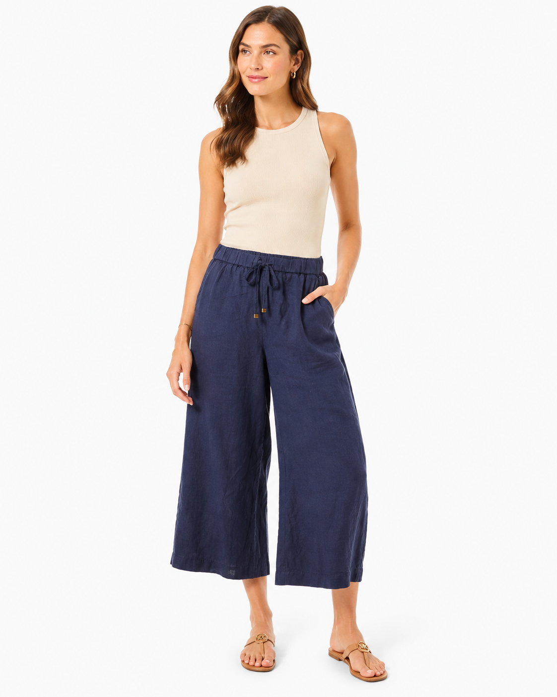 MICHAEL KORS-Casual wide leg pants and cropped cut (capri style) in navy blue