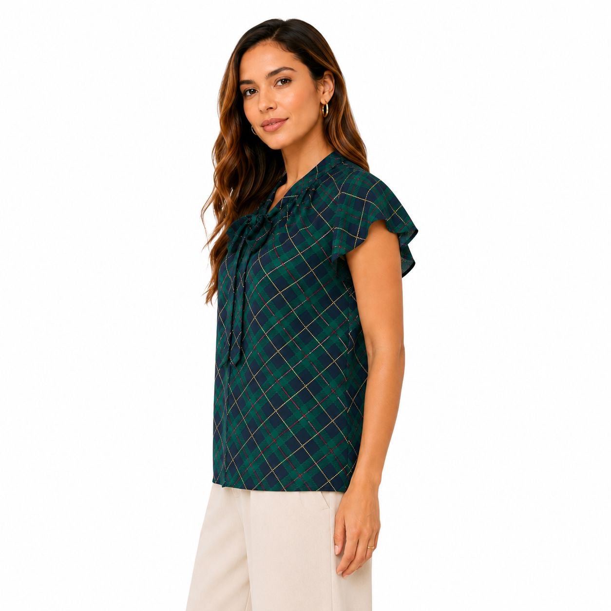 Tommy Hilfiger Women's Plaid  short sleeve blouse Tie-Neck Gown