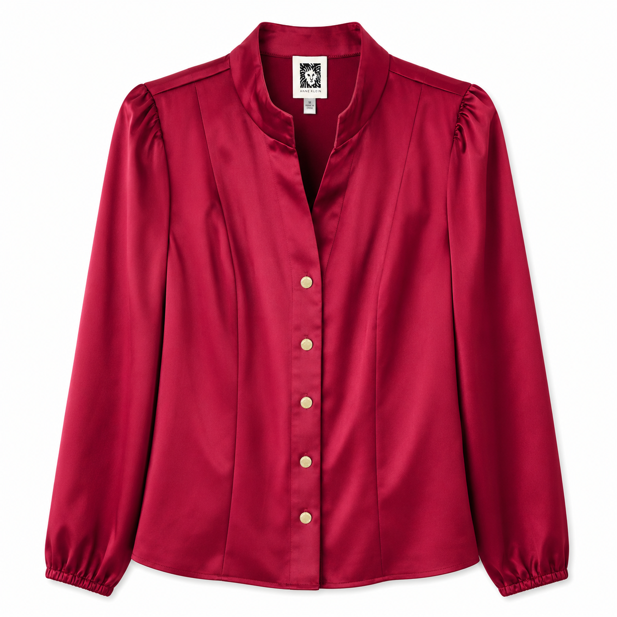 Anne Klein brand satin blouse stands out for its vibrant red color