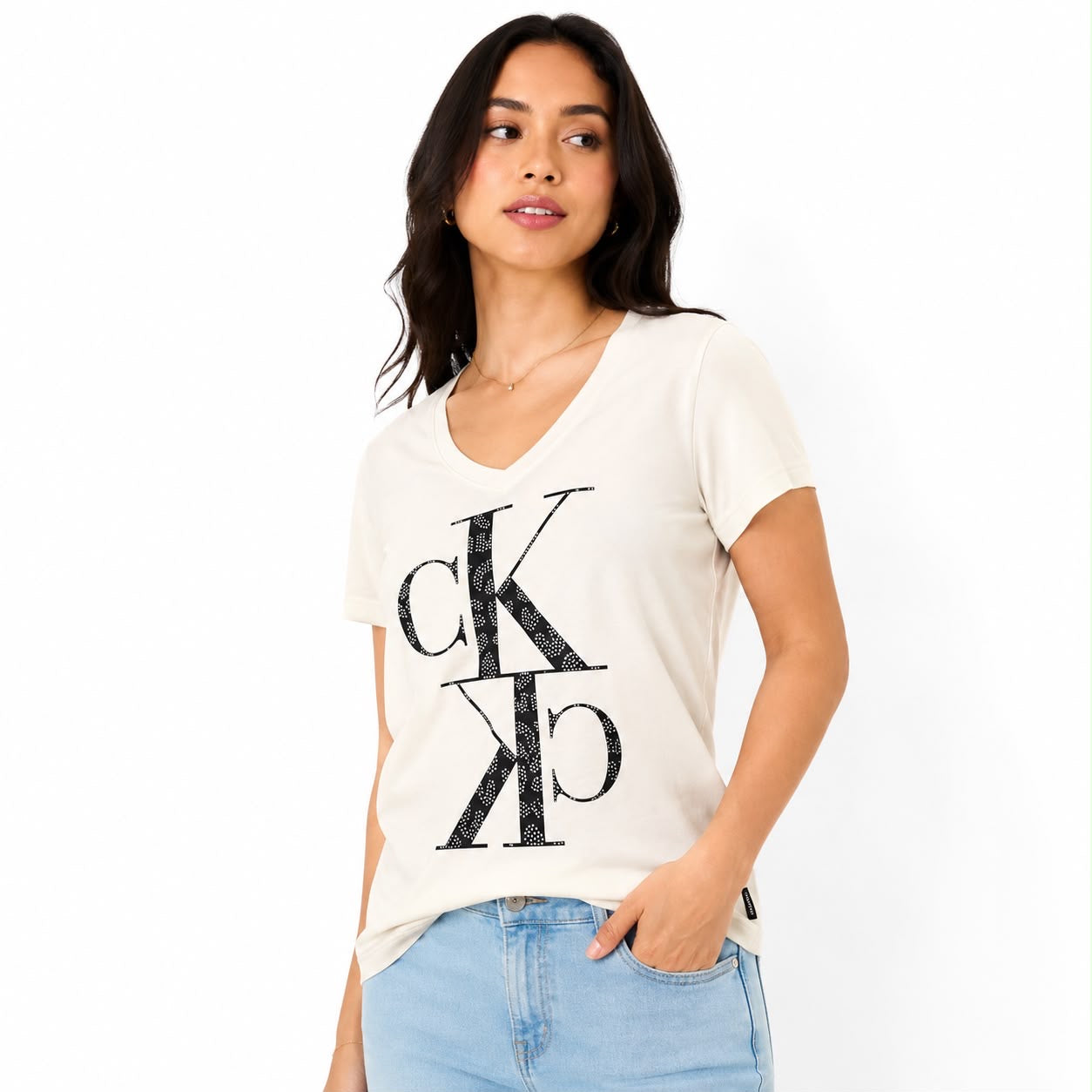 Calvin Klein Women's Studded Animal Mirror Monogram Logo V-Neck TShirt