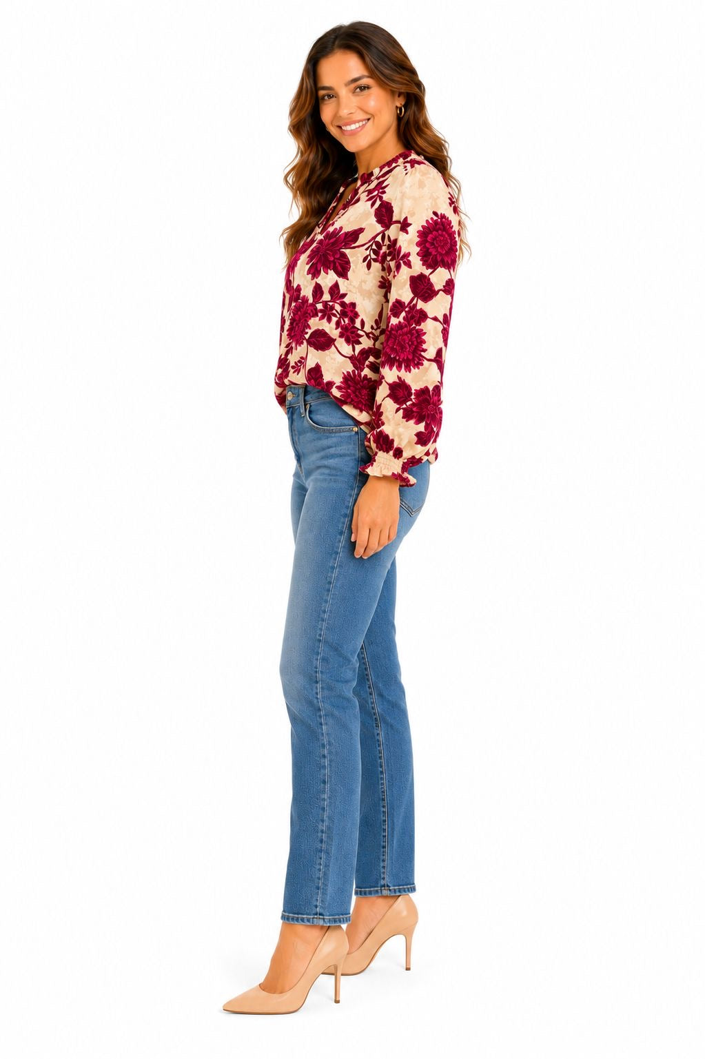 Cupio Floral Print Ruffle Neck Top