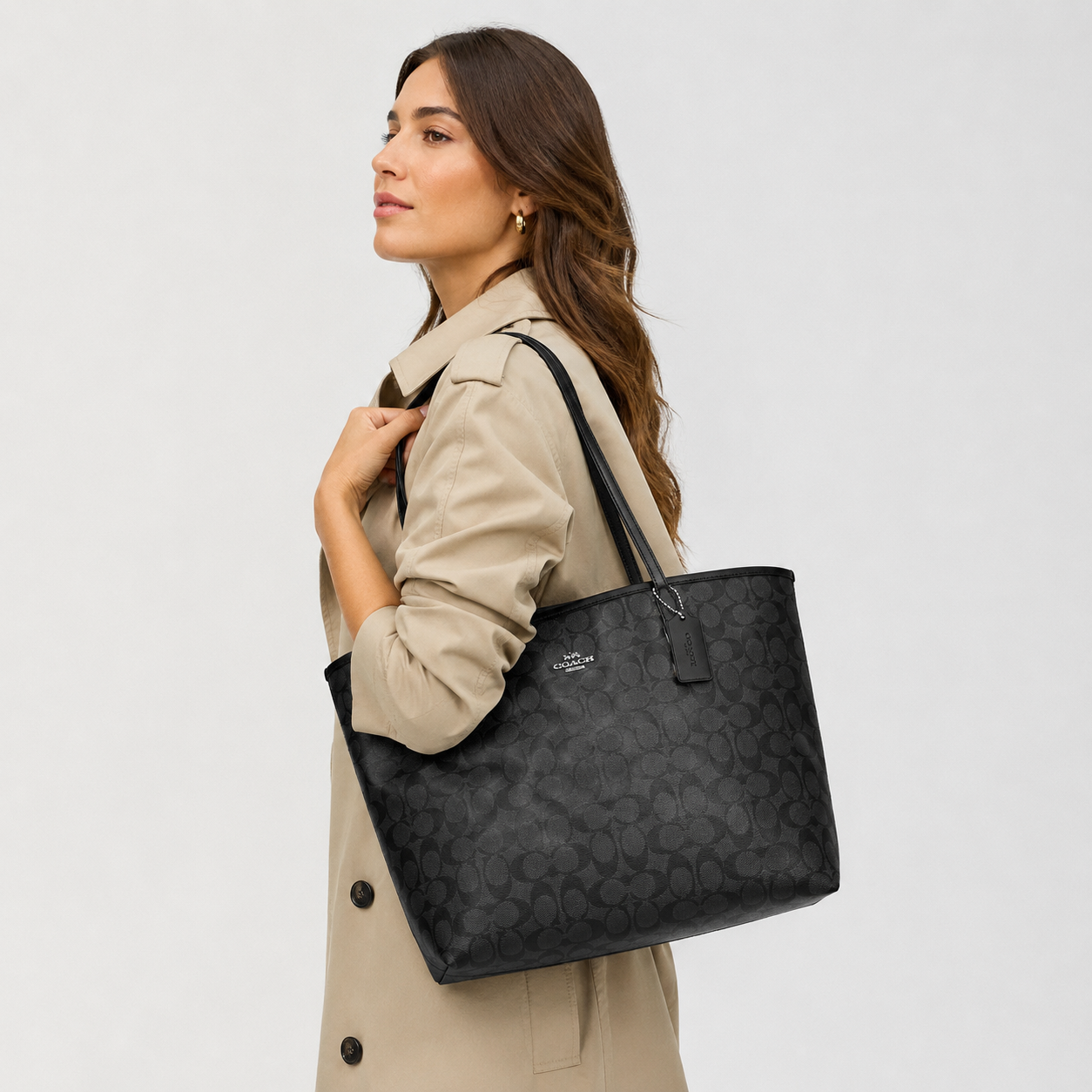 Coach Medium Signature Coated Canvas Leather City Tote Shoulder Bag