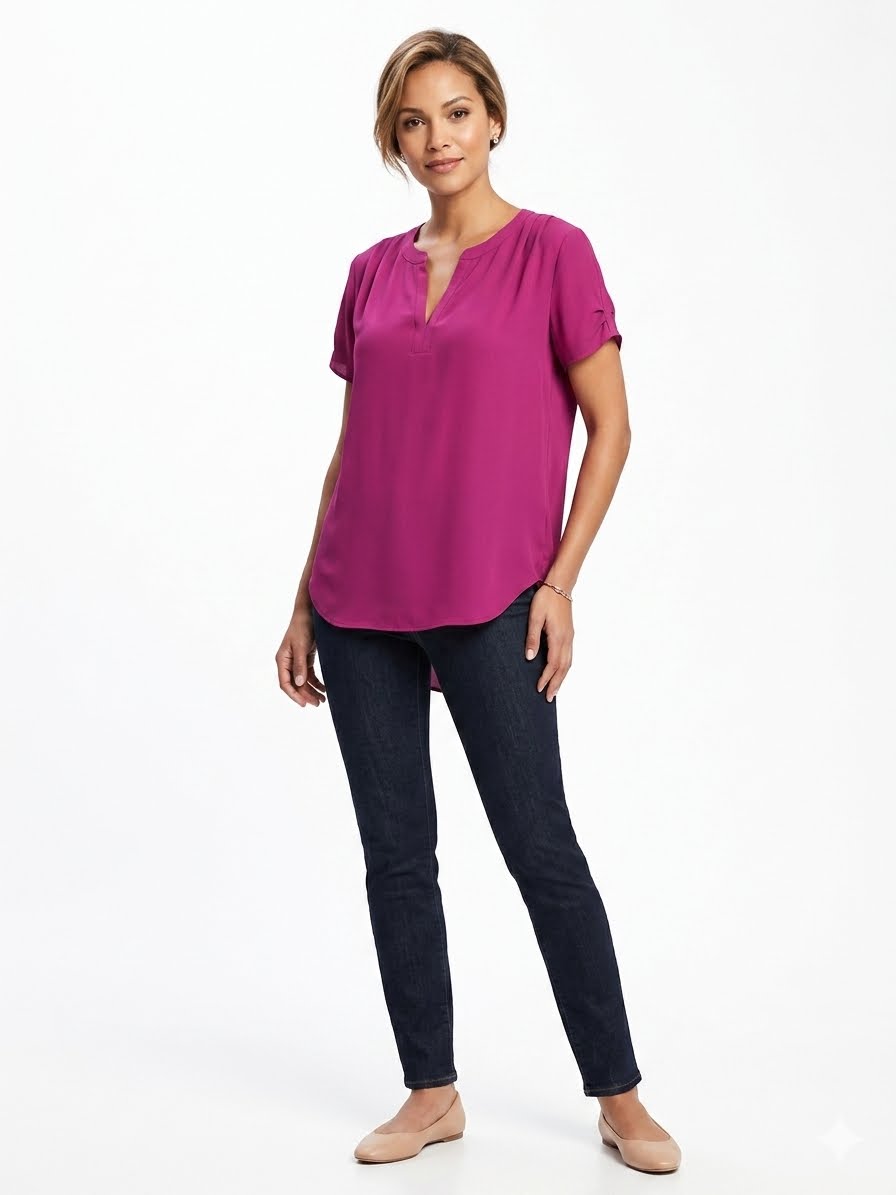 Pleione Women's Top Blouse Split Neck Cuffs Sleeve