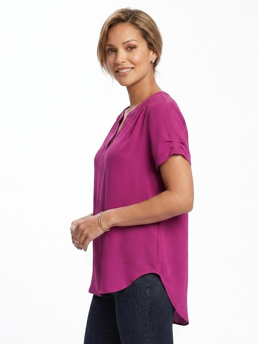 Pleione Women's Top Blouse Split Neck Cuffs Sleeve