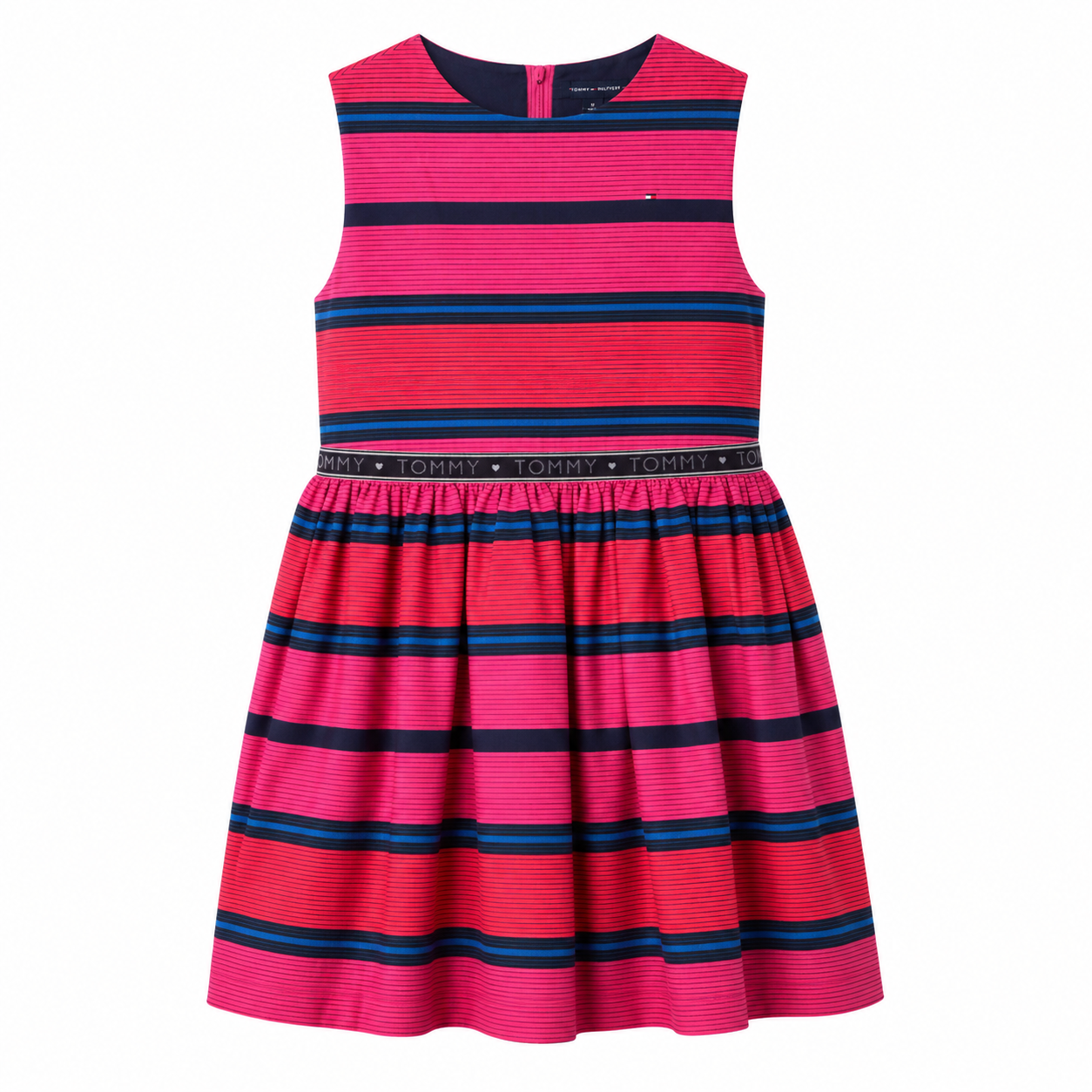 Tommy Hilfiger Girls' Sleeveless Red Striped Asymmetrical Formal Dress