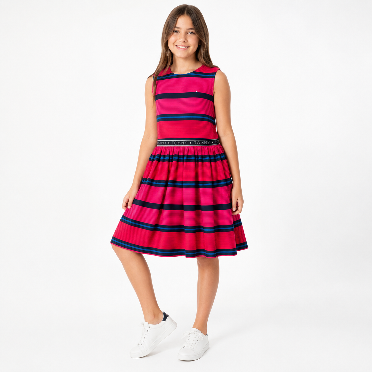 Tommy Hilfiger Girls' Sleeveless Red Striped Asymmetrical Formal Dress