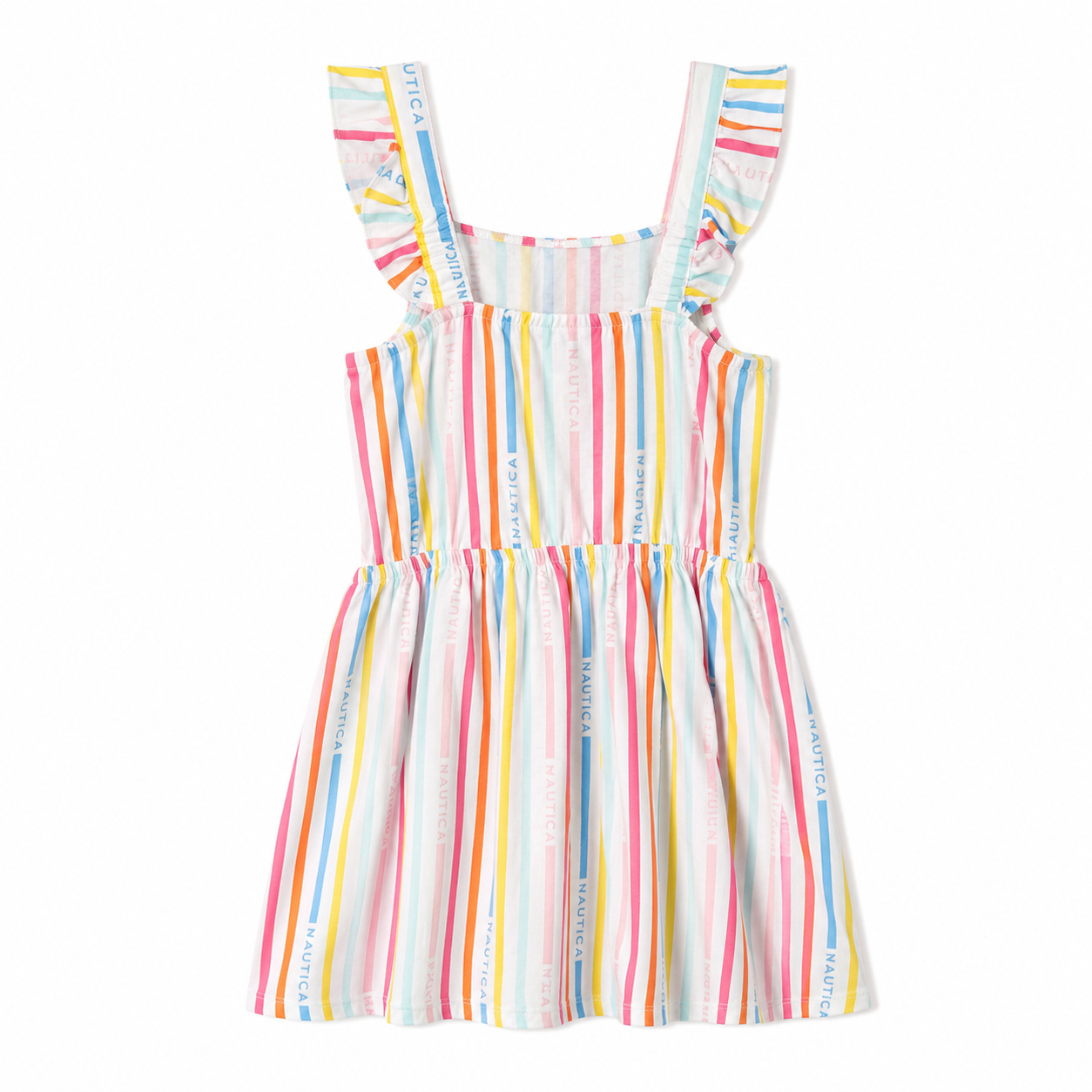 Nautica Girls' Printed Flutter Dress, Sleeveless with Ruffled Shoulders & Cinched Waist