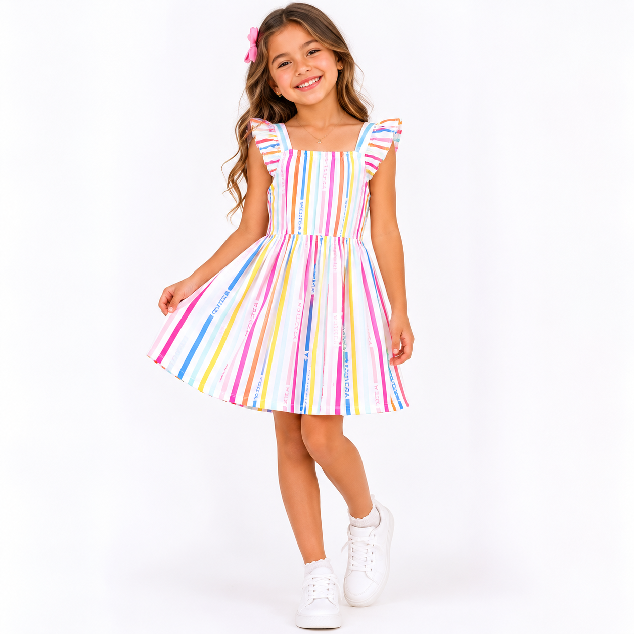 Nautica Girls' Printed Flutter Dress, Sleeveless with Ruffled Shoulders & Cinched Waist