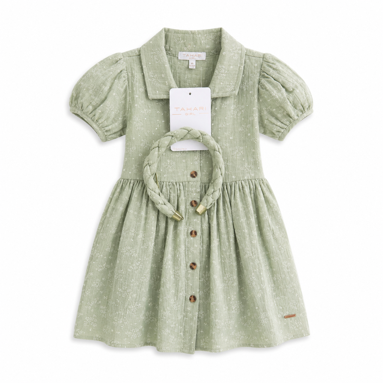 Tahari green dress with puffy sleeves