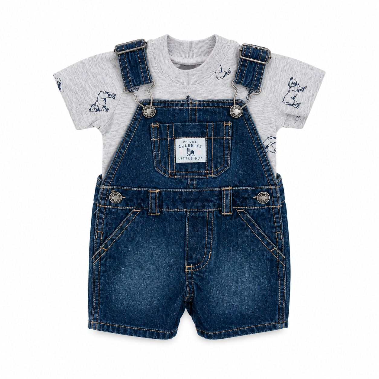 Baby Neutral Knit-Like Denim Overalls And Top
