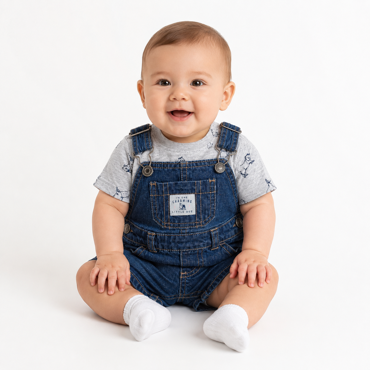 Baby Neutral Knit-Like Denim Overalls And Top