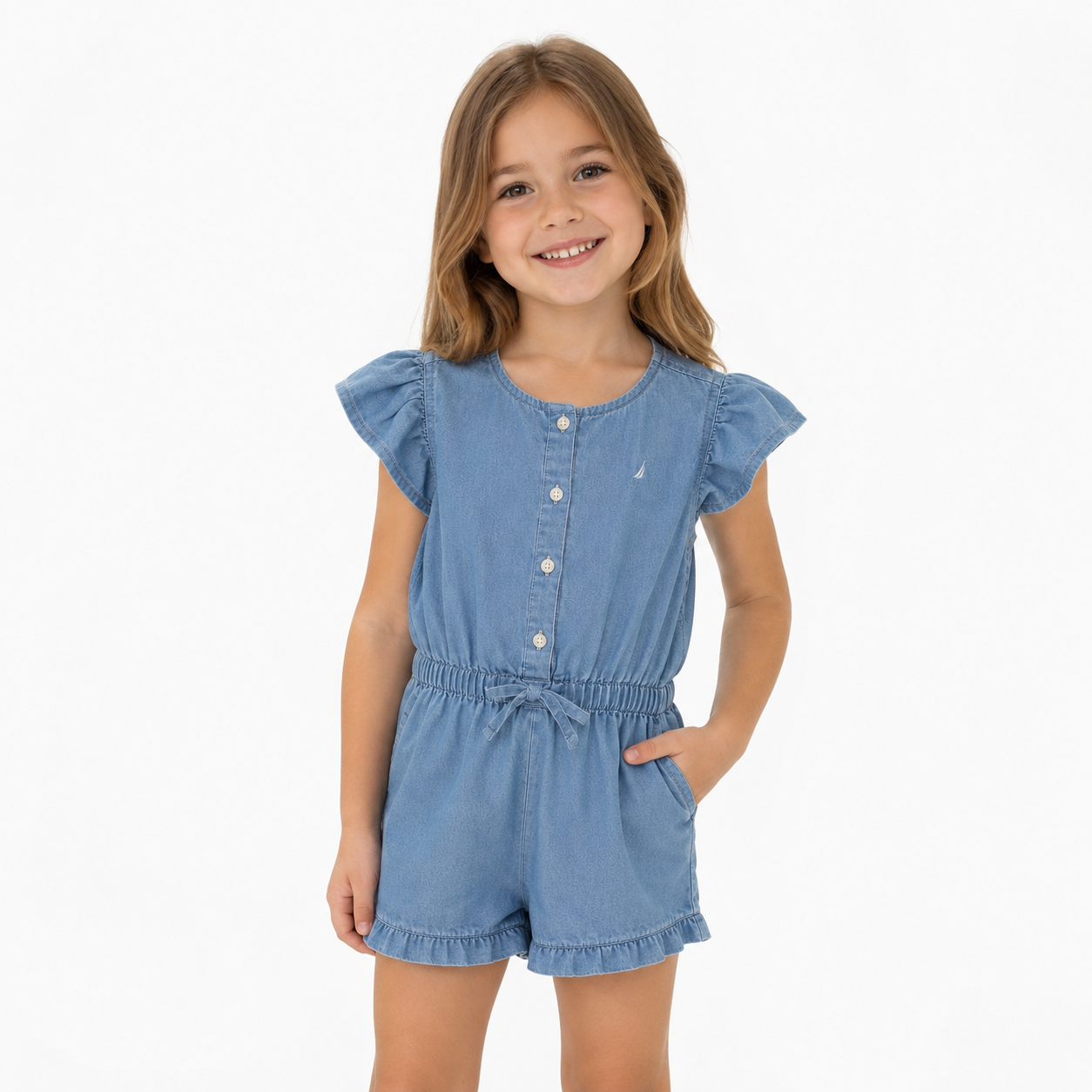 Nautica toddler girls' ruffle lightweight denim romper