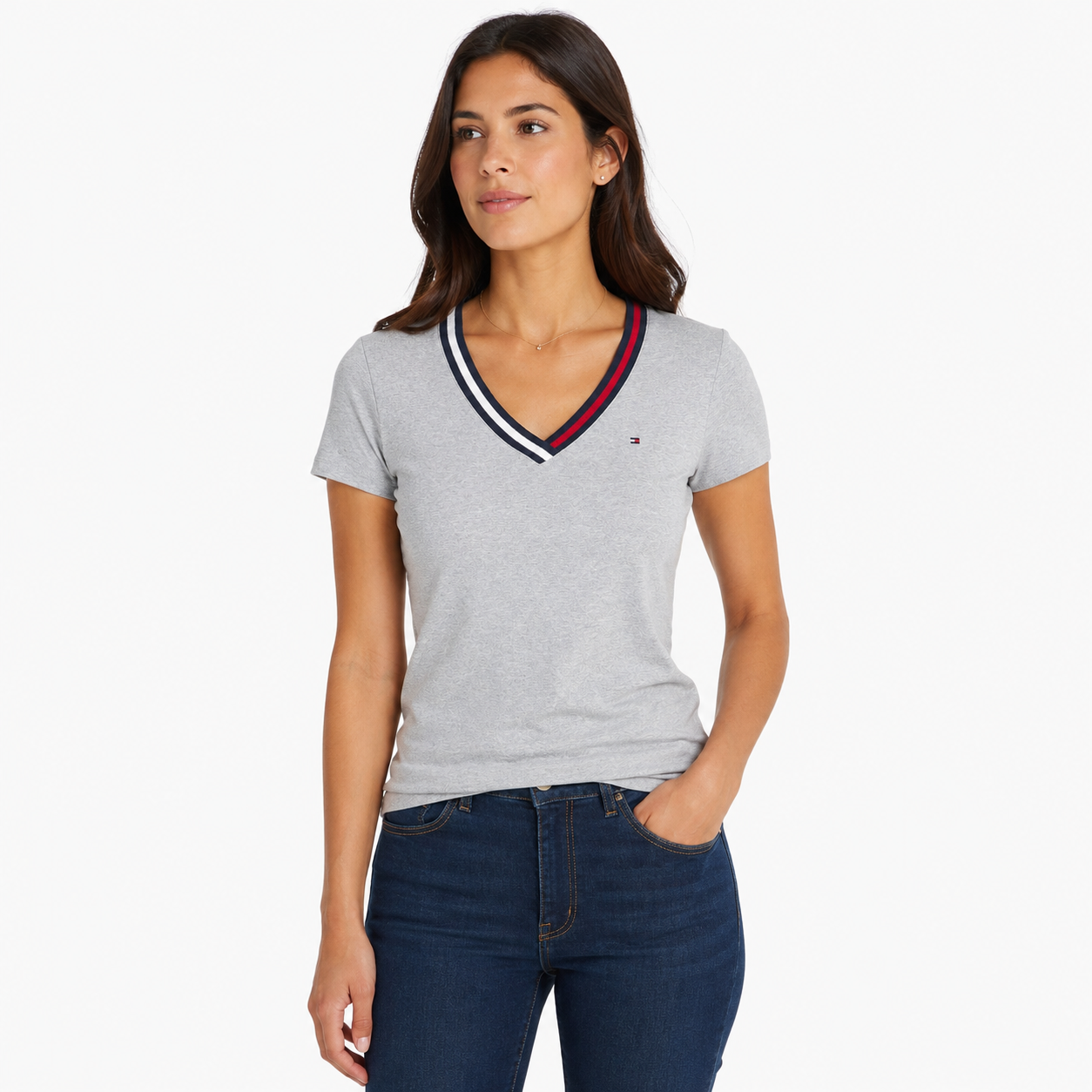 Tommy Hilfiger Womens T-Shirt V-Neck Ribbon Logo