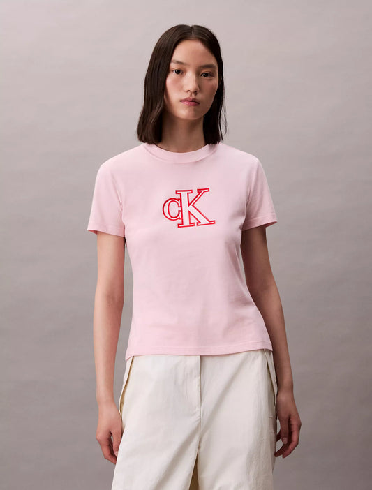 CALVIN KLEIN WOMENS' SLIM COTTON MODAL MONOGRAM LOGO TEE/VEILED PINK