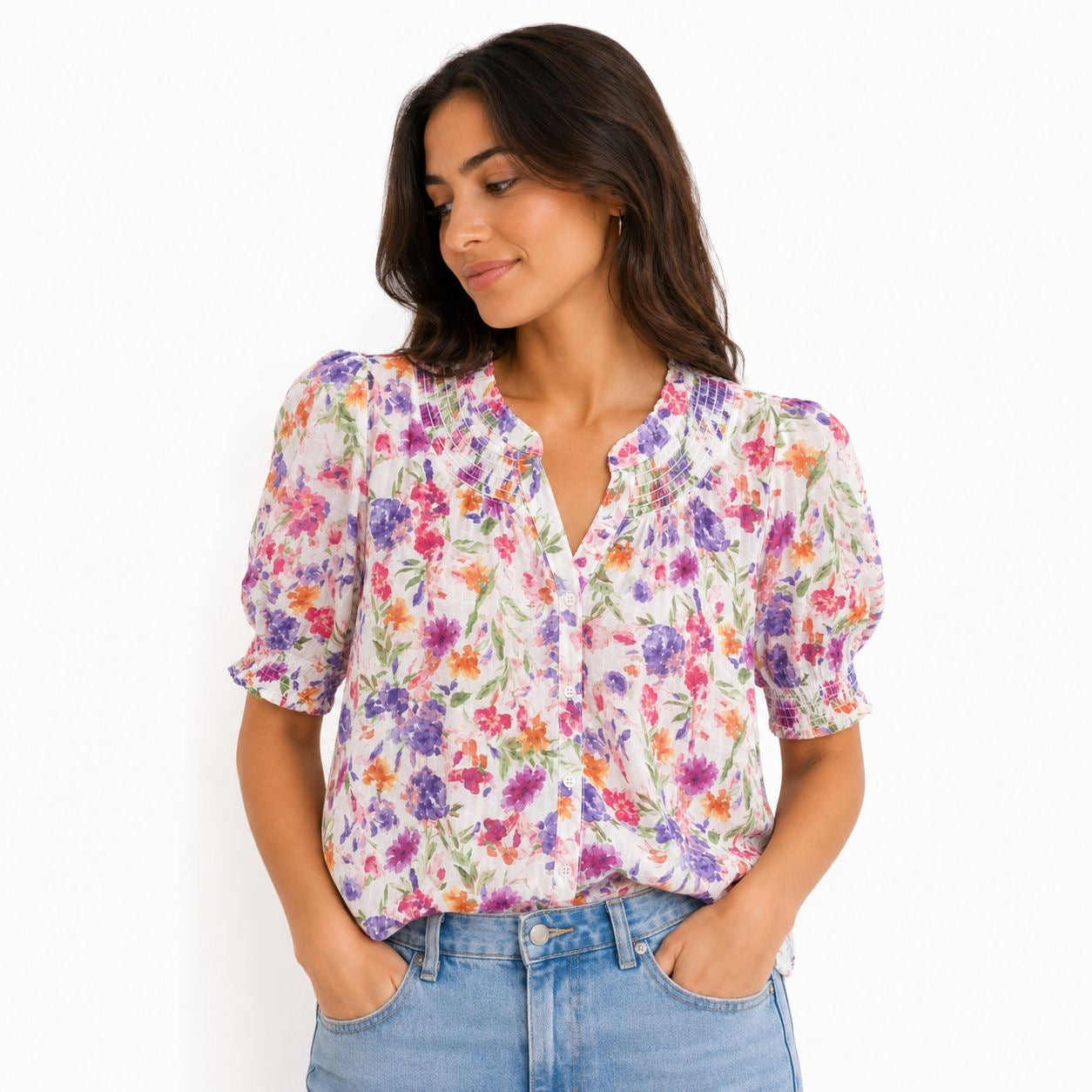 C By One Floral short-sleeved blouse with buttons and gathered collar