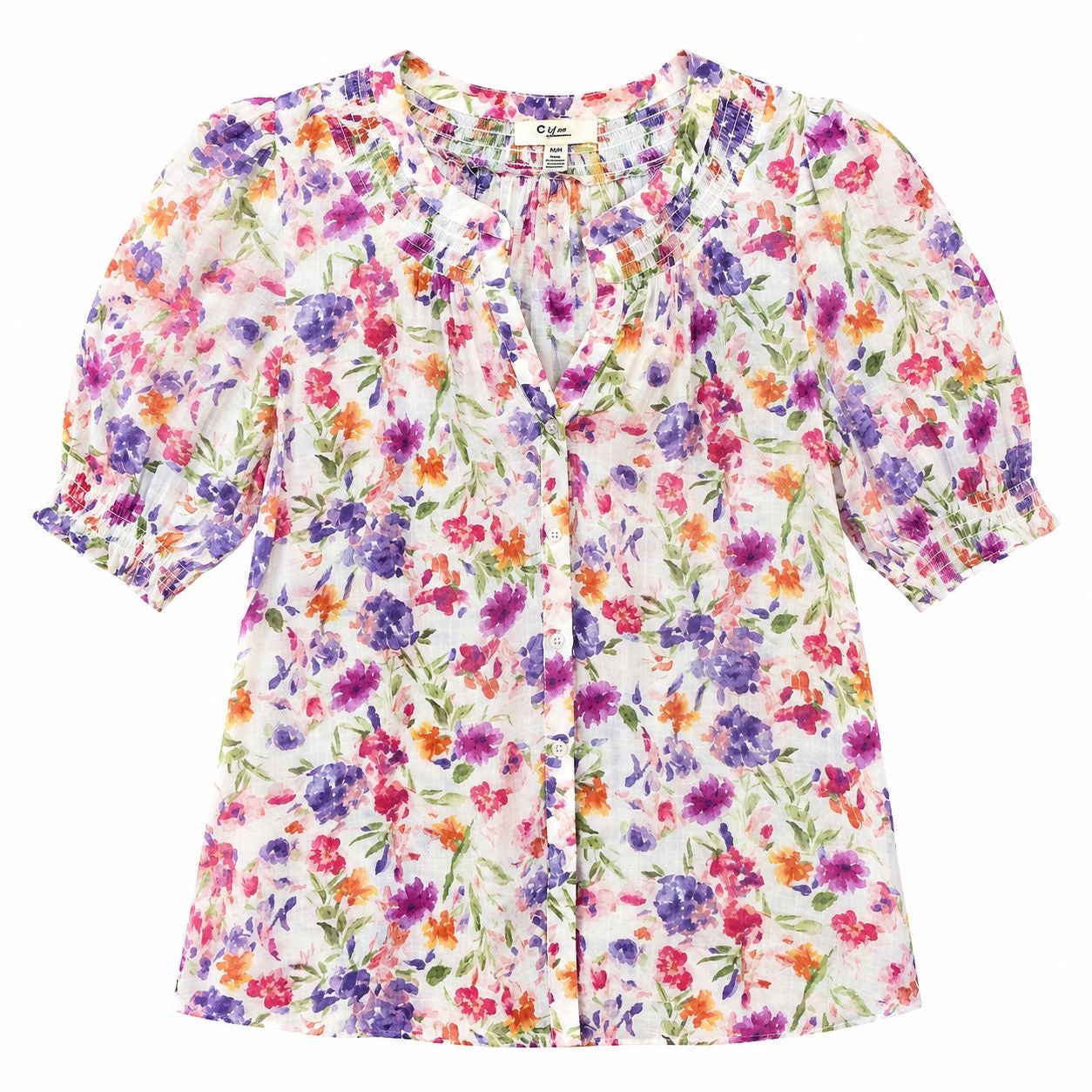 C By One Floral short-sleeved blouse with buttons and gathered collar