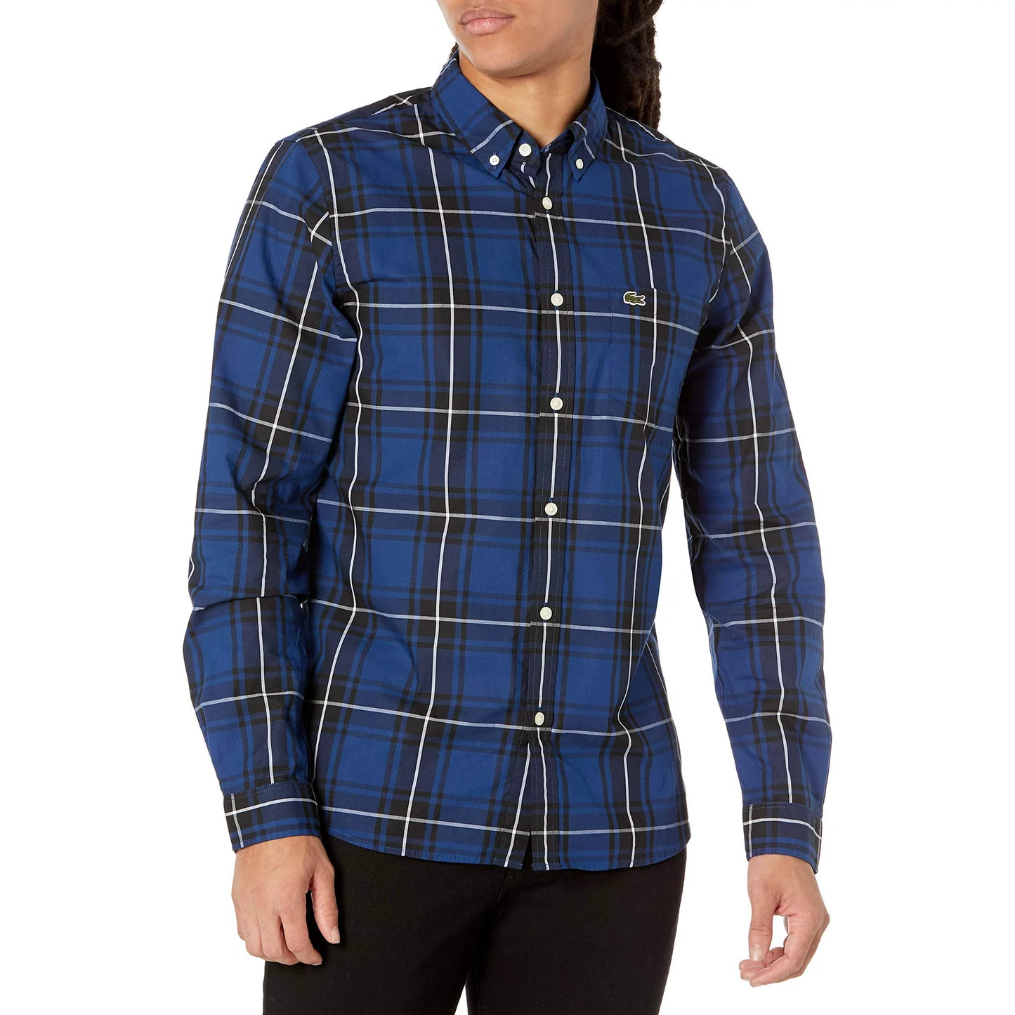 Lacoste Men's Long Sleeve Plaid Slim Fit Poplin Shirt