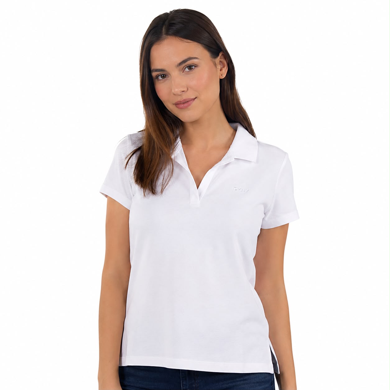 DKNY Sport women's white polo shirt features a classic V-neck design