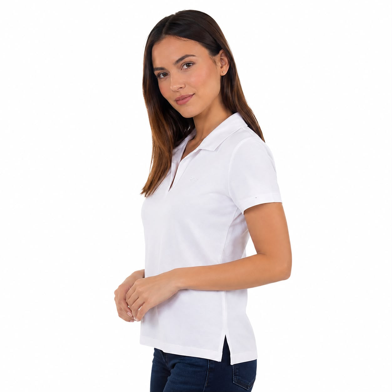 DKNY Sport women's white polo shirt features a classic V-neck design