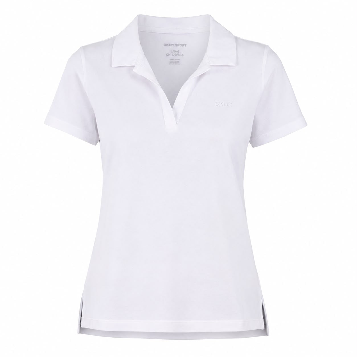 DKNY Sport women's white polo shirt features a classic V-neck design